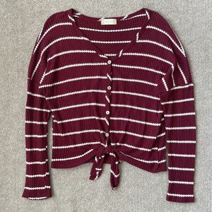 Altar'd State Shirt Womens Small Dark Red White Striped Tie Waist Button Down